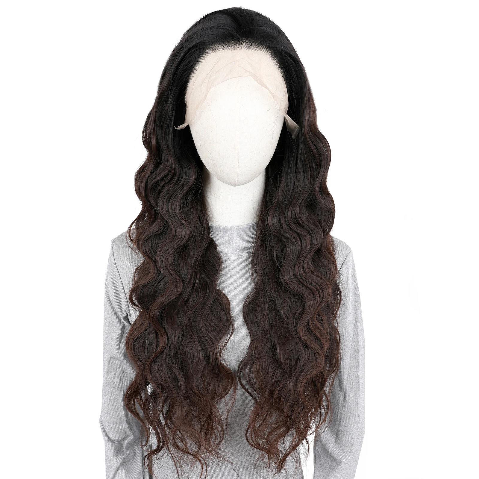 Black Ombre Brown Long Wavy Lace Front Synthetic Wig Pre Plucked Natural Hairline Glueless Heat Resistant Fiber Hair for Women