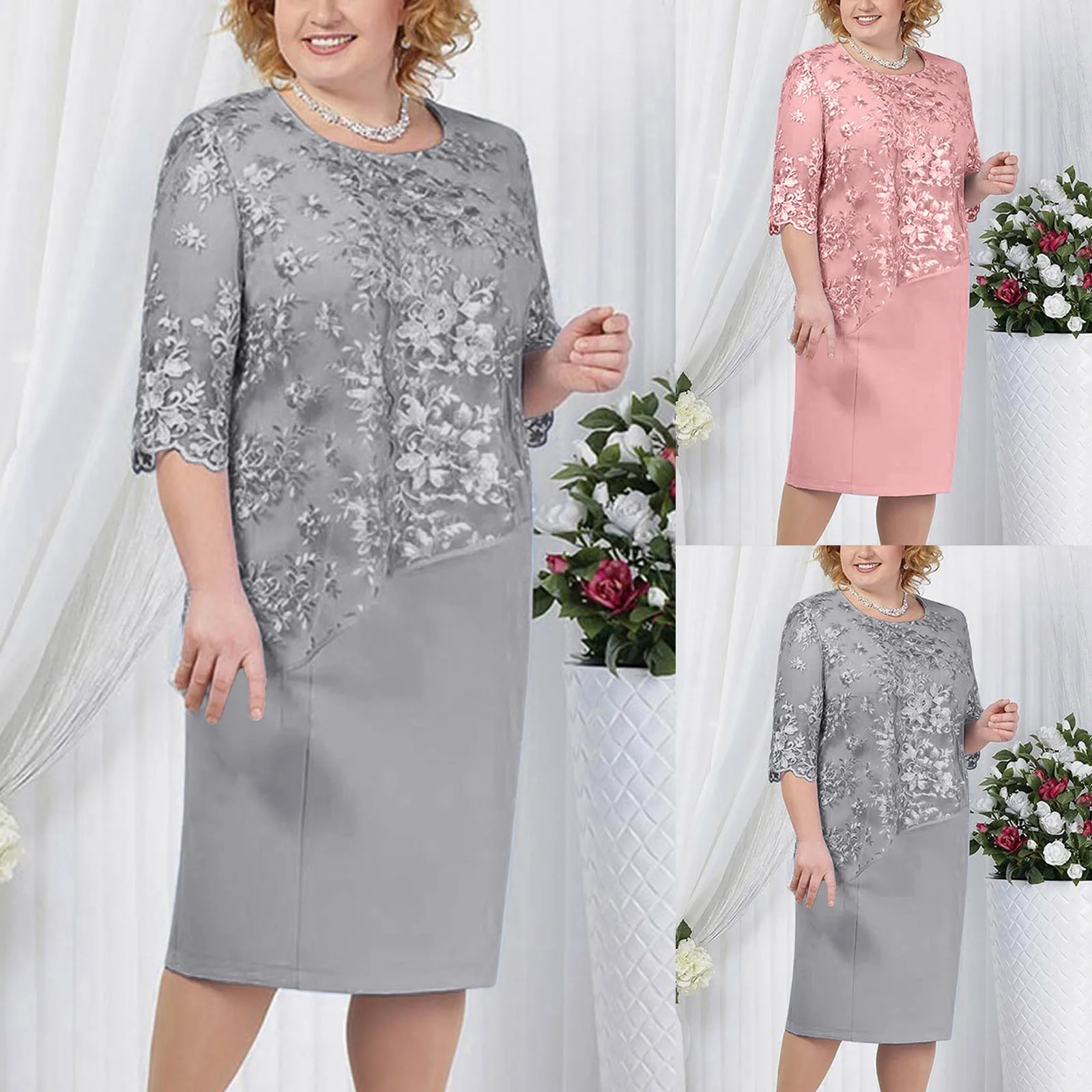 

Elegant Dress Beautiful Embroidery Flower Lace Stitching Chubby Women Gown Dress Breathable Midi Dress Streetwear