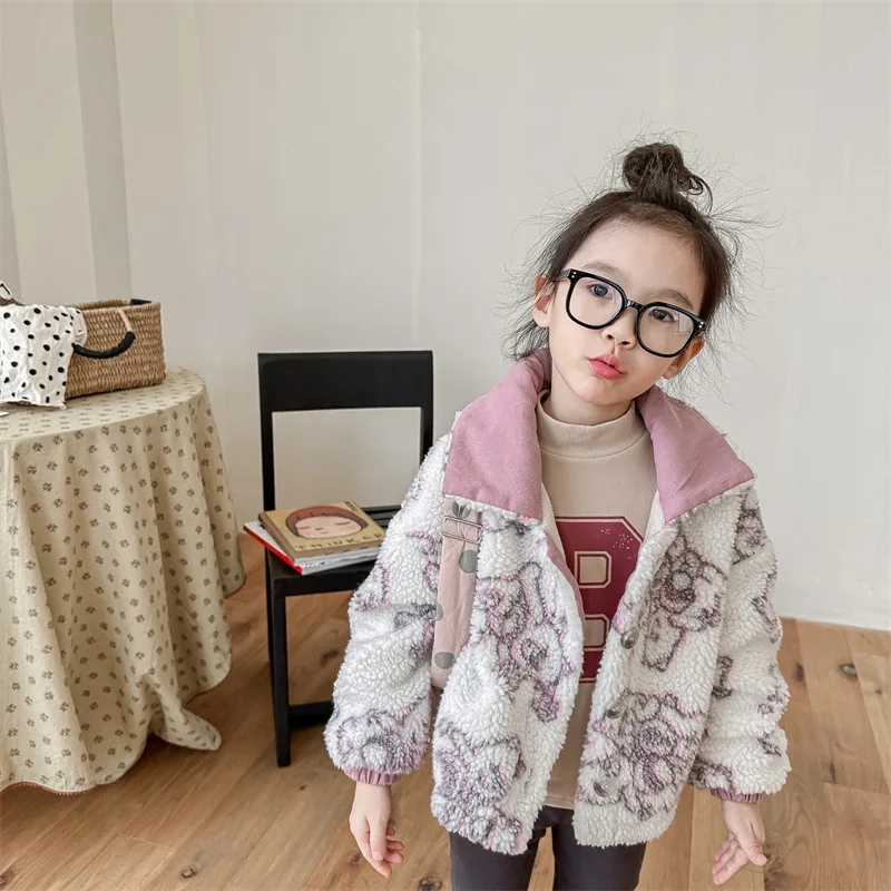 

2023 Winter New Children Long Sleeve Lamb Fleece Coat Baby Girls Cute Flower Padded Jacket Thick Lapel Tops Kids Warm Clothes