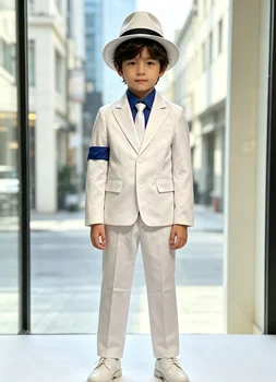 Completo bianco per bambini con cappello e fascia blu, abito per spettacoli teatrali per bambini