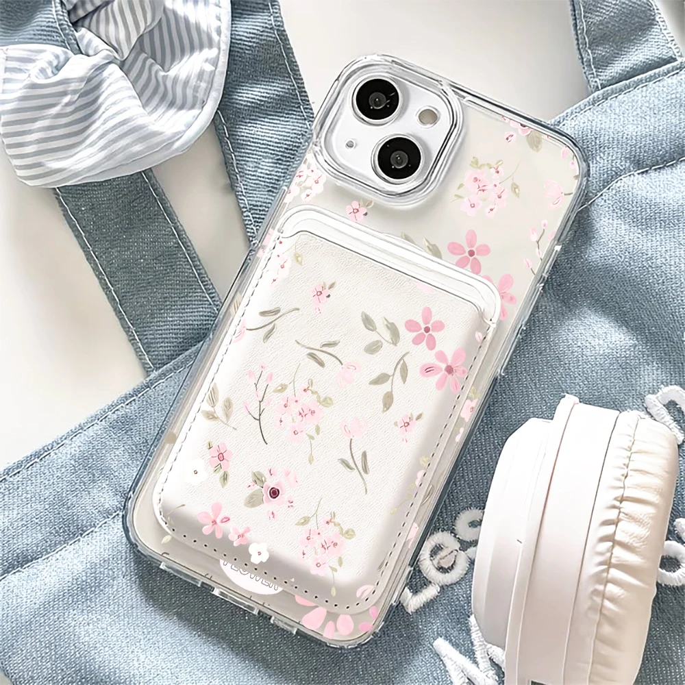Pink Floral Magnetic Card Holder Phone Case with MagSafe Wallet