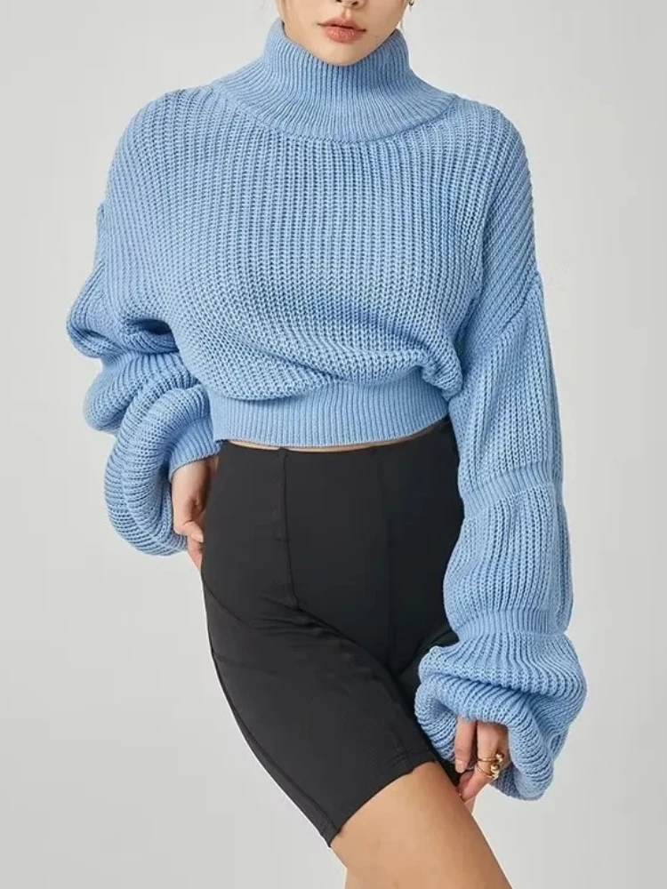 

Autumn Winter Thick Crop Sweater Women Korean Fashion Casual Puff Sleeve Half Turtleneck Sweaters Pullover Oversized pull femme