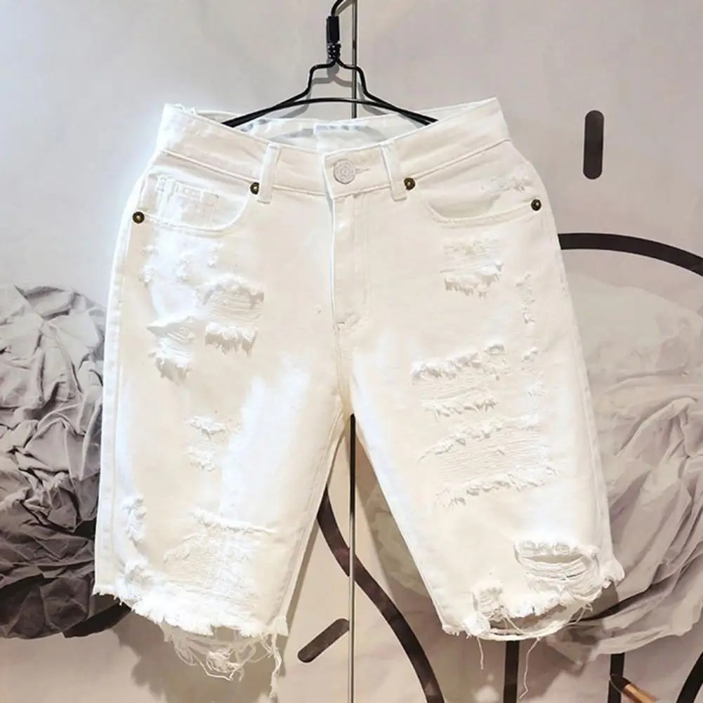 Men's White Jeans Shorts All-match Fashion Ripped Hole Slim Stretch Shorts Streetwear Hip Hop Denim