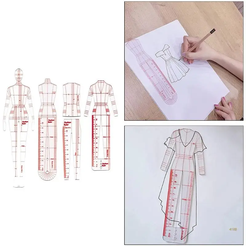 Mannequin Sewing Template Ruler 4 Pcs 41XB Fashion Sketching Ruler Dressmaking Tailoring Designing Drawing