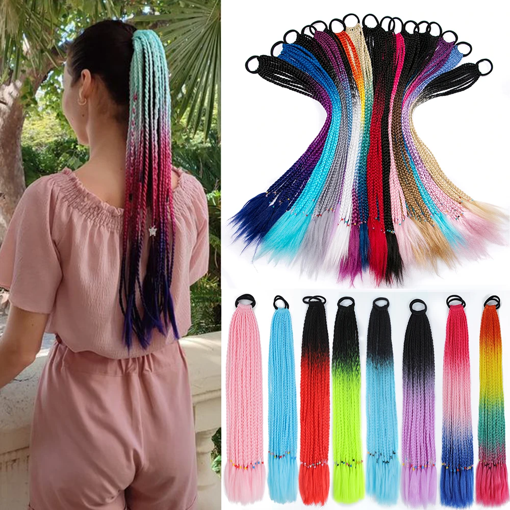 ZENYINFA Synthetic Colored Braided Ponytail Hair Extension Rainbow Color Braids Pony Tail With Elastic Band Girl's Pigtail