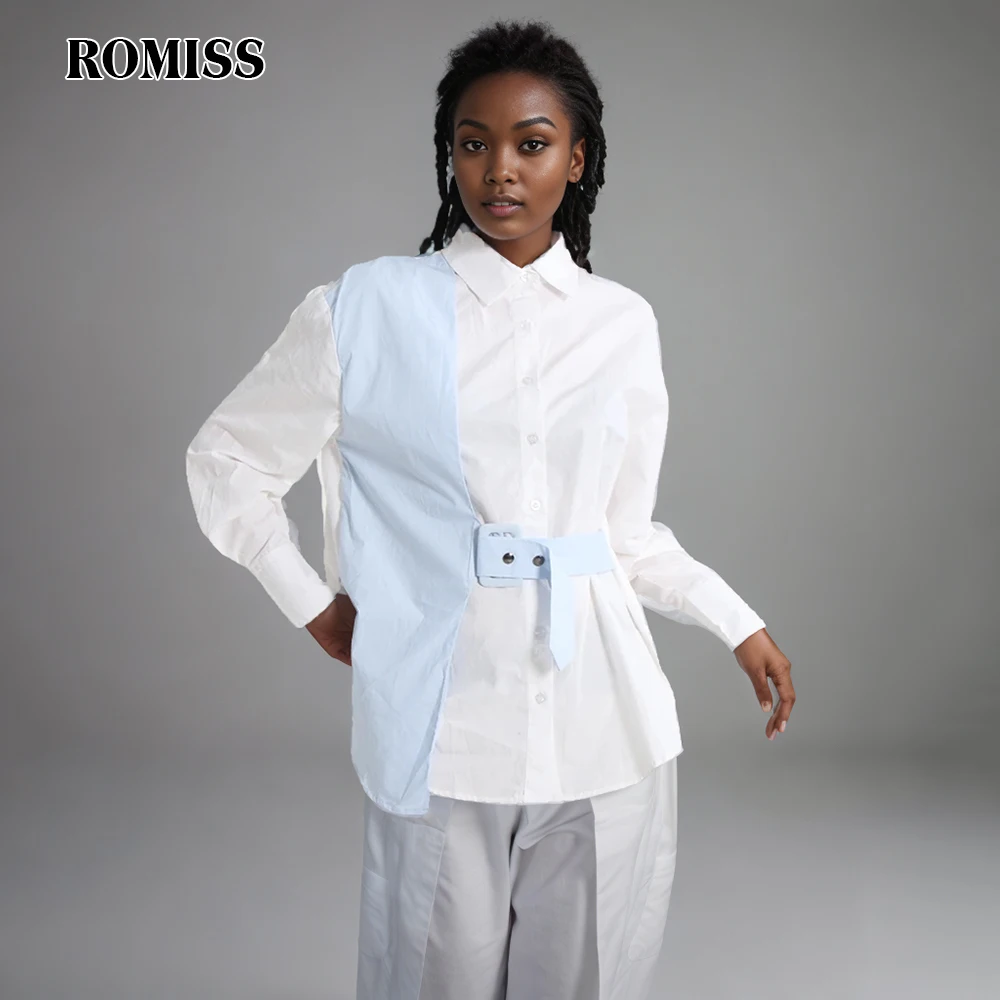 

ROMISS Colorblock Casual Patchwork Belt Shirt For Women Lapel Long Sleeve Spliced Button Loose Blouses Female Fashion New