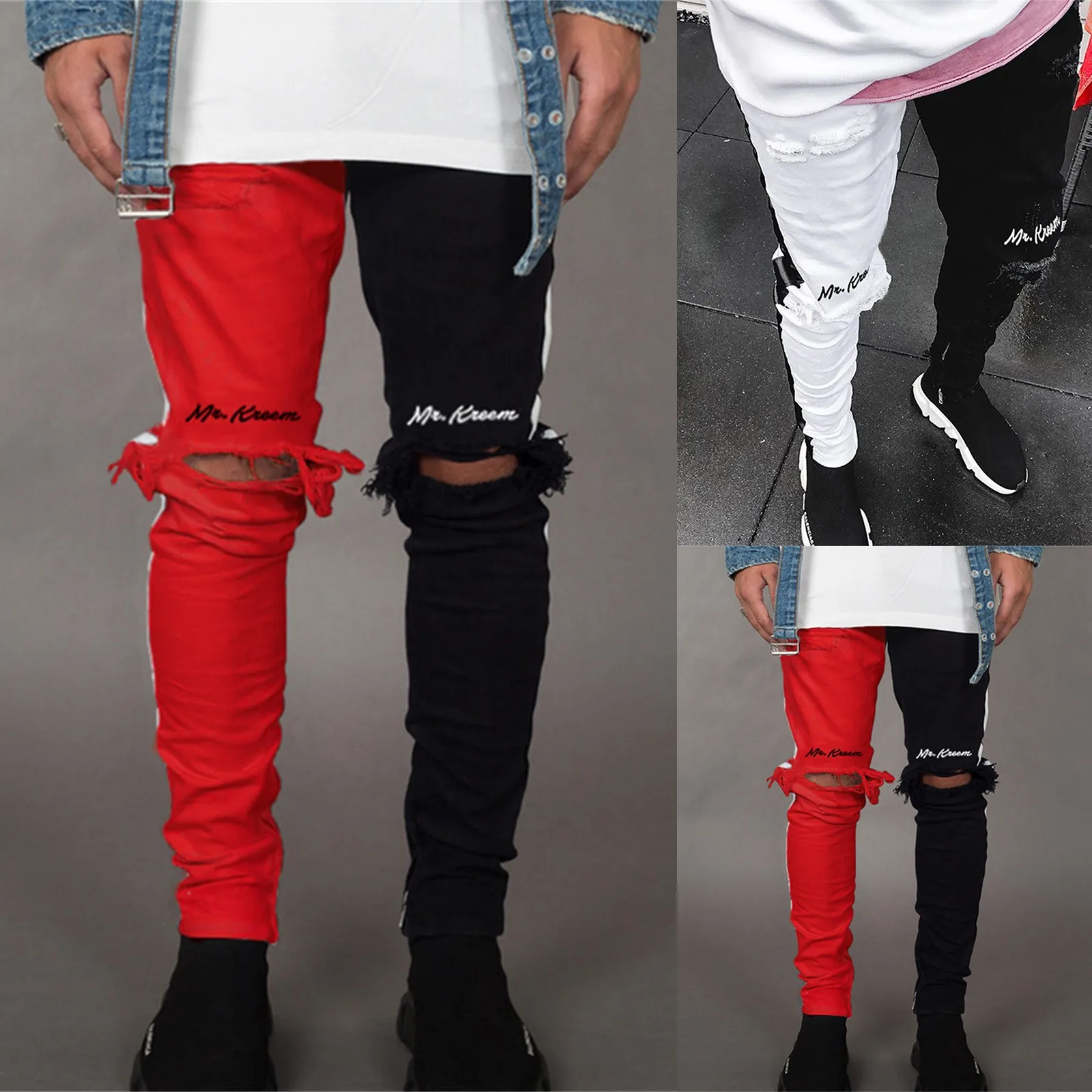 Men Jeans Knee Hole Ripped Stretch Skinny Pants Solid Color Black Red 2023 Autumn Summer Hip-Hop Style Slim Fit Trousers