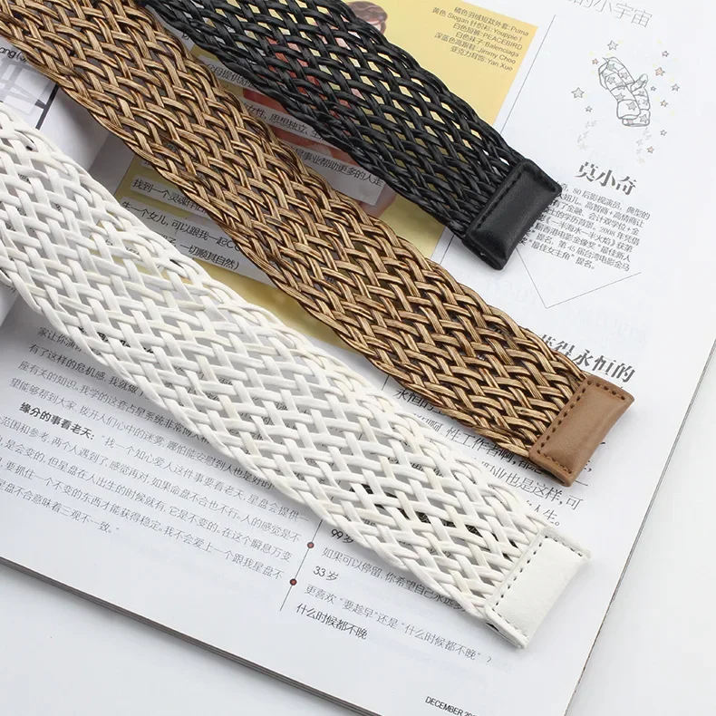 Fashion Woven Belt For Women Jeans Dress Pants Solid Color Waist Belt Hollow Ethnic Style Round Buckle Wild Decoration Belt Gift