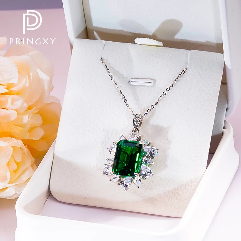 PRINGXY Vintage 100% s925 Sterling Silver Emerald Gemstone High Carbon Diamond Party Pendant Necklace Anniversary Fine Jewelry
