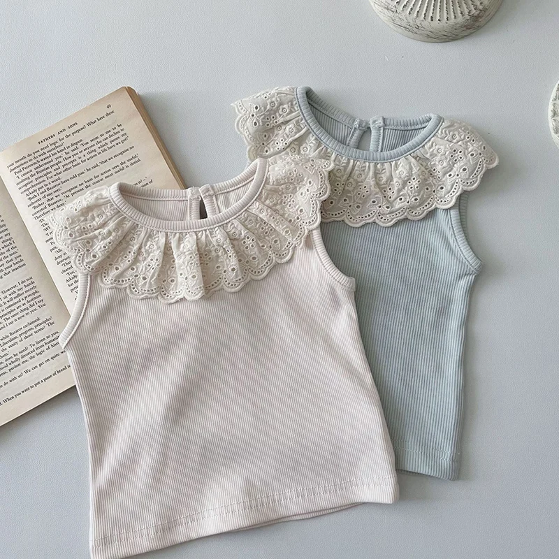 

2024 New Summer 0-24M Children Clothes Toddler Baby Girls Pullover Tops Sleeveless Cotton Lace Splicing Infant Baby Girls Vest