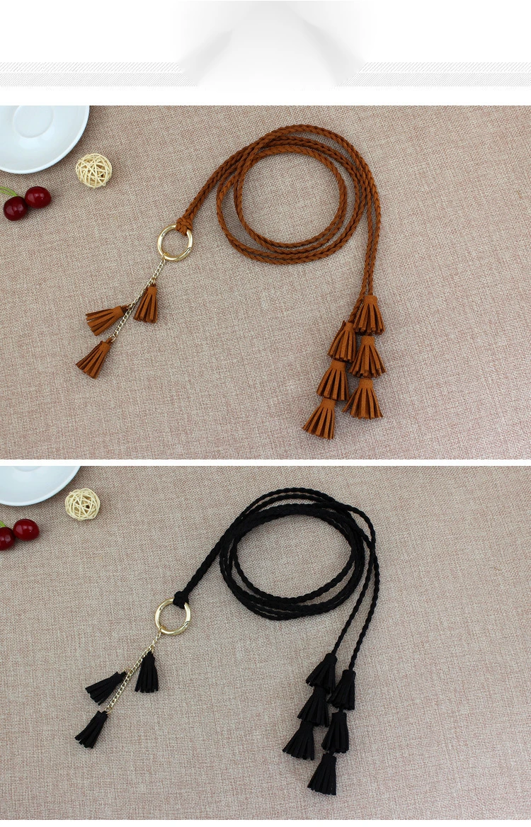 Women's Decorative Knotted Dress Braided Belt, Versatile Waist-cinching Three-string Tassels, Golden Ring Waist Rope, Chinese Style_voghion.com