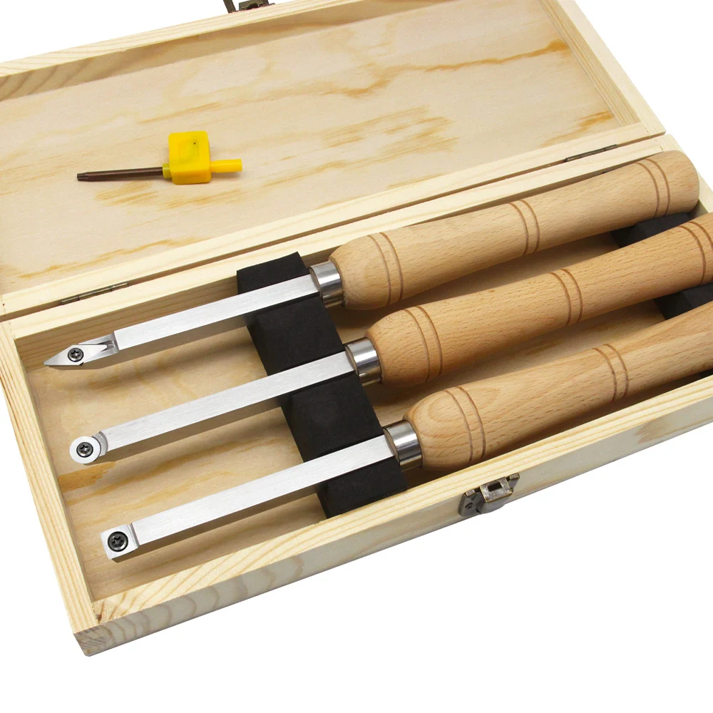 3pcs Mini Carbide Cutter Wood Turning Tools Set with Steel Arbor Beech Handle Woodturning Lathe