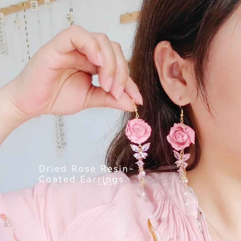 Elegant Immortal Rose Long Earrings Epoxy Resin Real Rose Flower 19