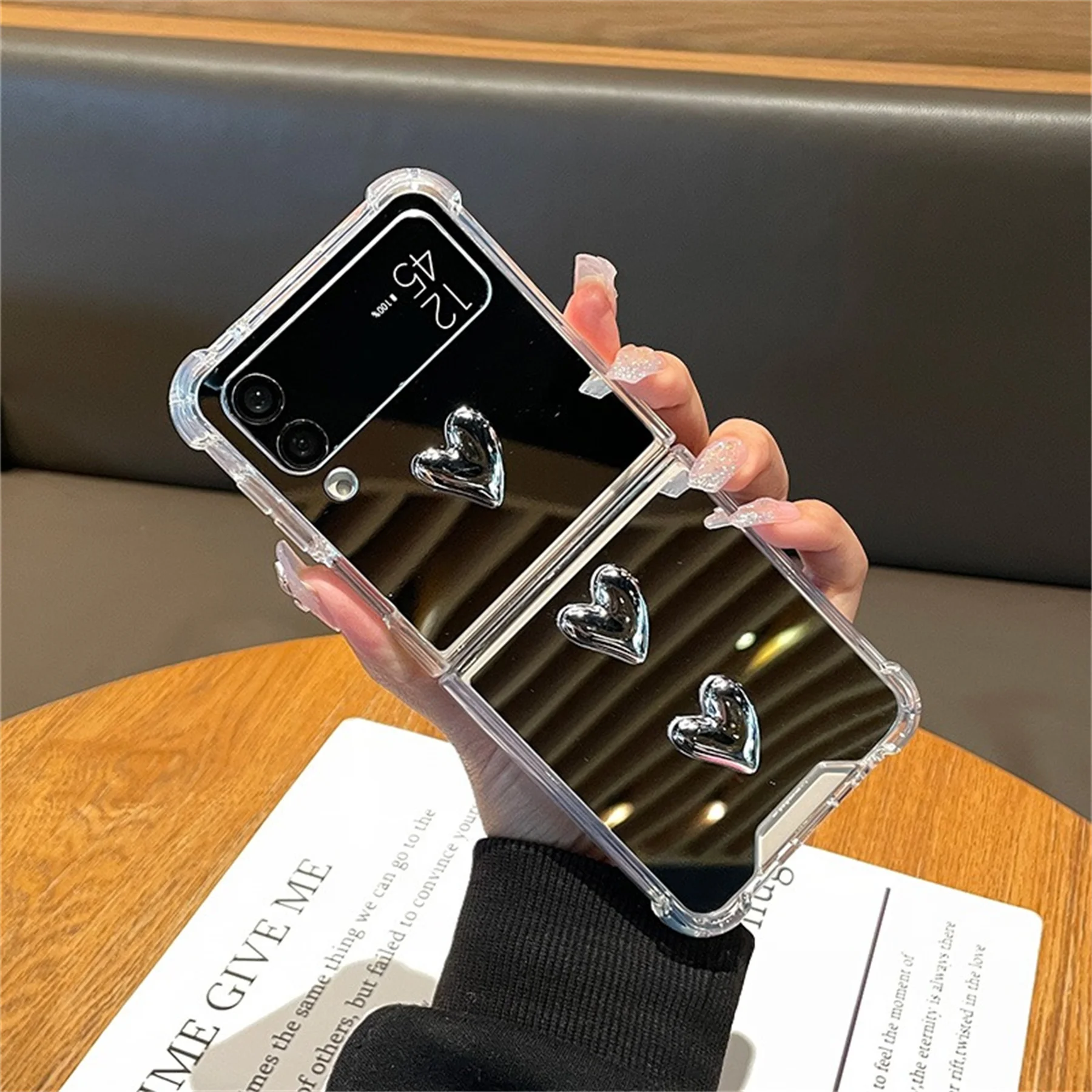 Fashion Glitter Sliver Love Heart Mirror Phone Case Per Samsung Galaxy Z Flip 4 5G Flip4 Zflip3 Zflip Cover Posteriore Antiurto