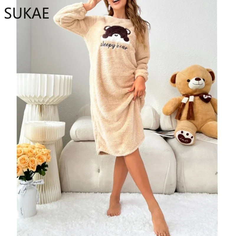 Fashion Cute Bear Winter Women Long Sleeves Thermal Nightgowns Flannel Long Sleepshirt Pullover Fluffy Nightwear Woman Homewear