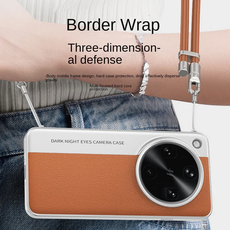 Elegant Plain Leather Case with Long Lanyard Strap and Elevated Lens Protection