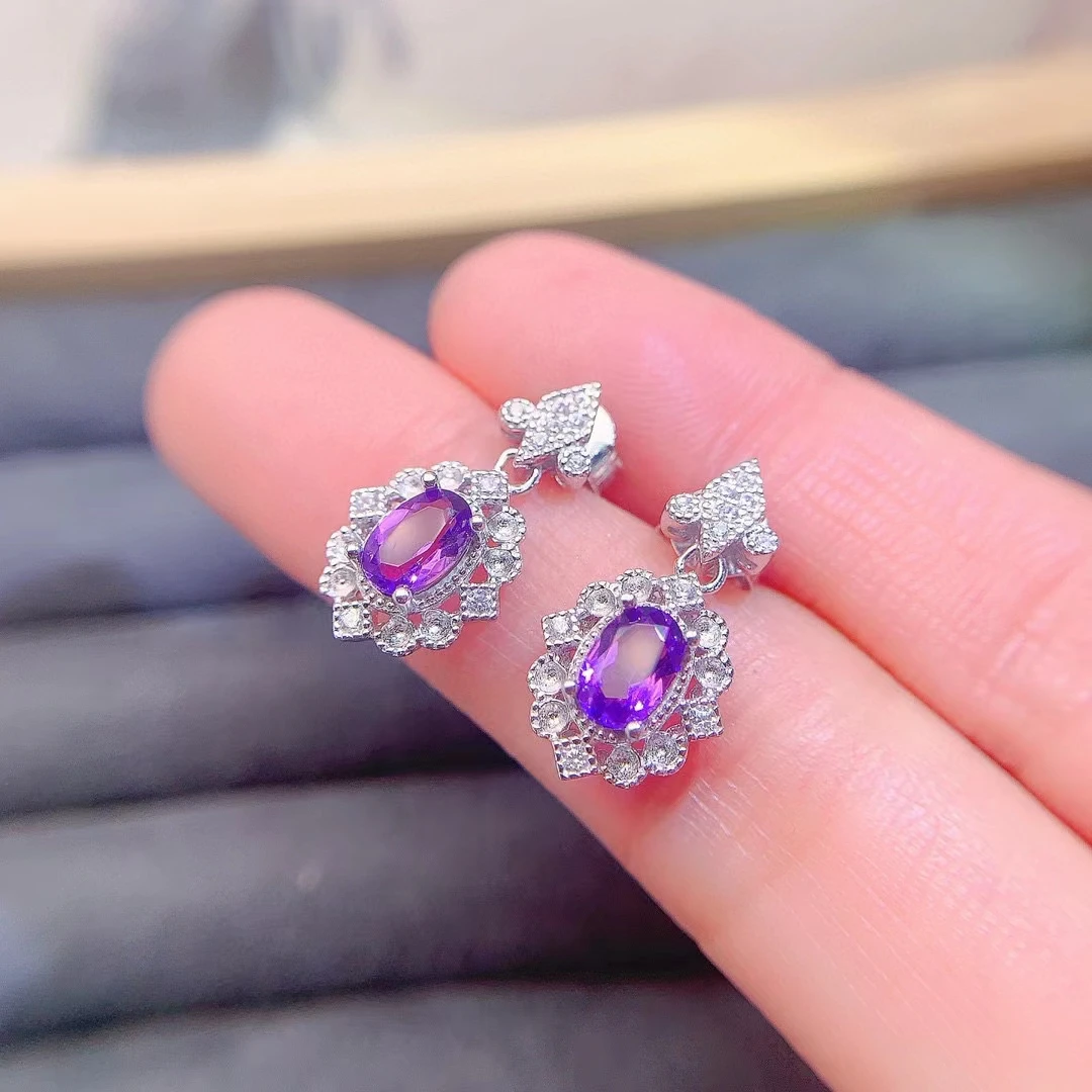 

Серьги из серебра 925 пробы с натуральным аметистом 1 карат, 4 Х6 мм