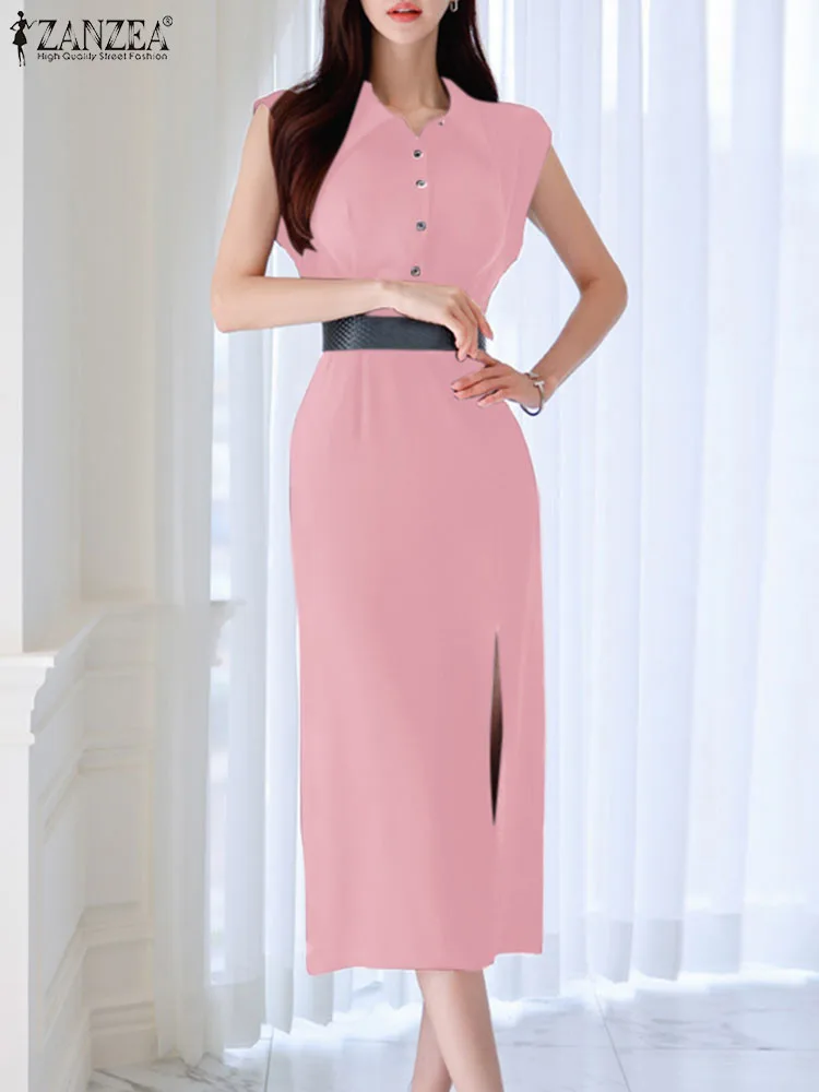 

Women Long Shirt Dress ZANZEA Elegant Casual Slimming Midi Dresses Sexy Sleeveless High Slit Sundrss Office Lady Waisted Robes