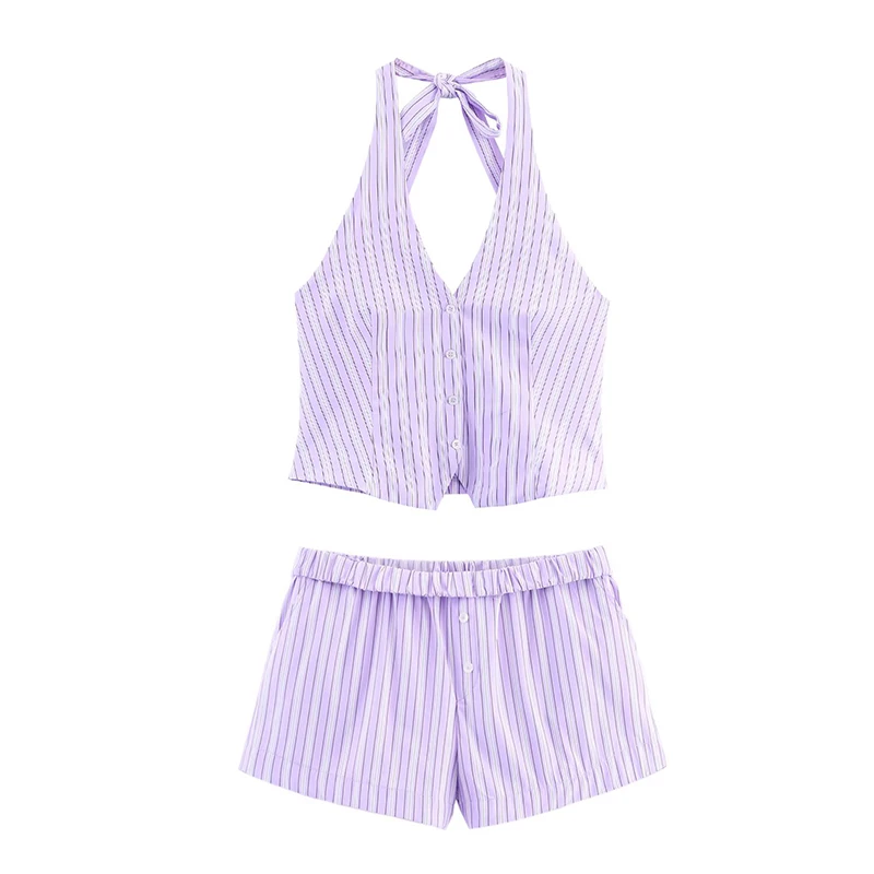 Stripe Halter Top Shorts Sets 2 Pieces Women Sleeveless Backless Vest Tops Casual Shorts Women's Suits Chic Woman Outfits ﻿