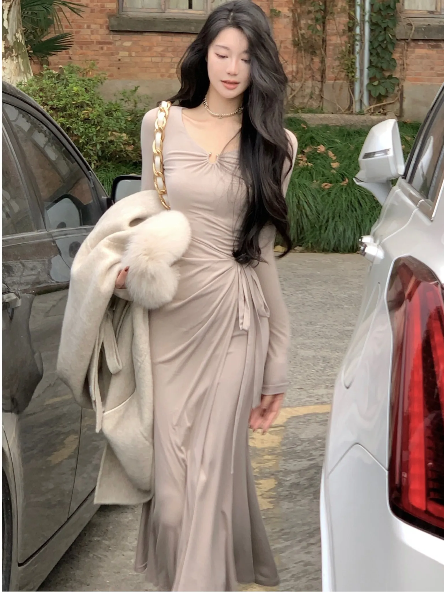 

Женское элегантное вечернее платье со шнуровкой, офисное шикарное платье-трапеция в Корейском стиле с длинным рукавом, одежда в складку для весны и осени