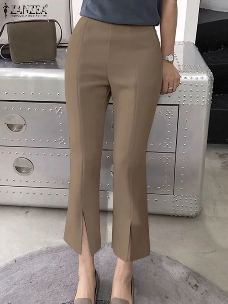 

2024 Elegant Women Summer OL Pants ZANZEA Elastic Waist Casual Trousers Fashion Solid Color Pantalons Femme Office Bell-bottoms