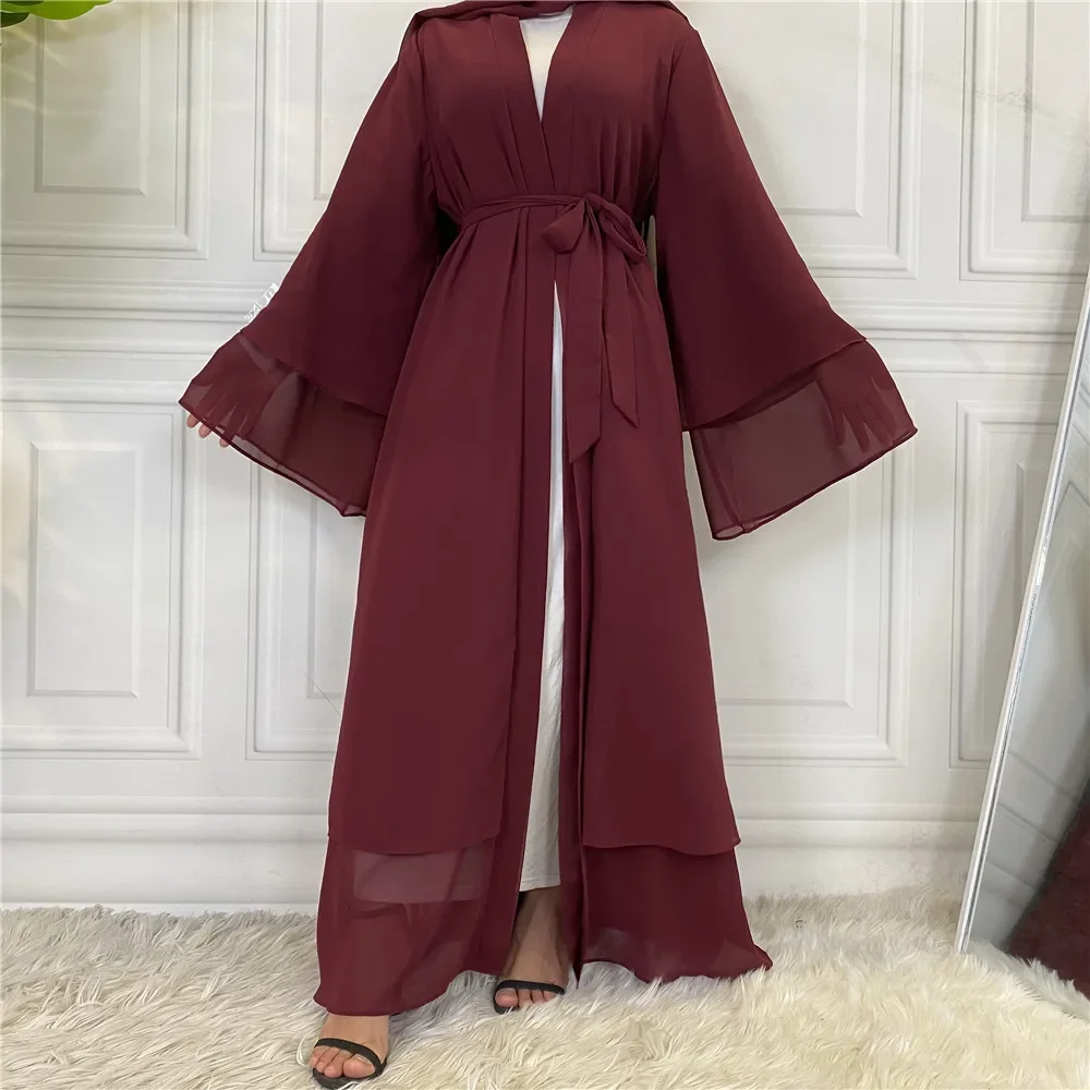 New Solid Color Arab Dubai Fashion Muslim Cardigan Chiffon Gown Fashion Kimono Robe Femme Musulmane Turkish Tunic Open Abaya
