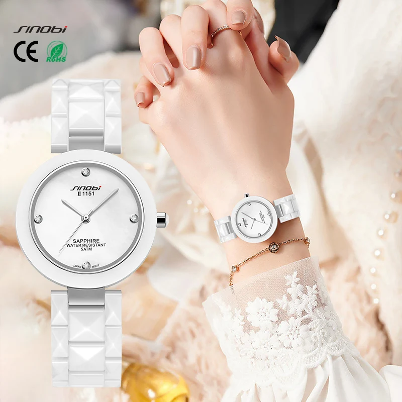 SINOBI New High-End Brand Woman Watches Top Luxury White Ceramic Watch Women's Quartz Wristwatches Elegant Ladies Diamond Clock images - 6