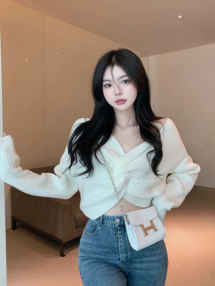 

Pullovers Women Criss-Cross Design Cropped All-match Elegant Popular Korean Young Ulzzang Knitwear Temper