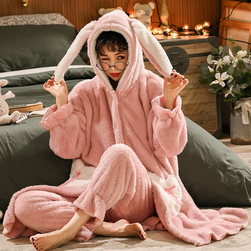 Sweet Animal Flannel Pajamas Sets Winter Thick Nightgown Suit With Pants Pyjamas Set Soft Fleece Plush Warm Sleepwear Robe Sets