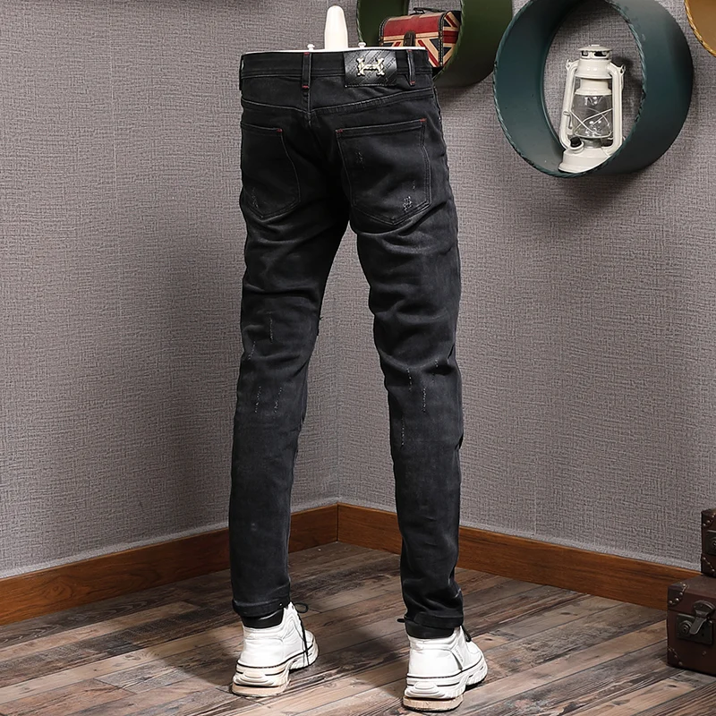 Streetwear Fashion Men Jeans Elastic Slim Fit Hole Ripped Jeans Men Vintage Black Trousers Patch Designer Hip Hop Pants Hombre