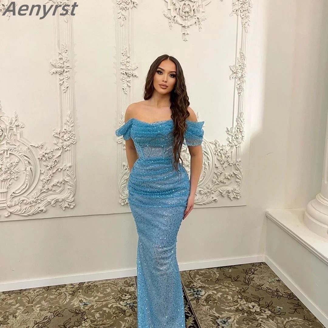 

Luxury Mermaid Evening Dress Off The Shoulder Sequined Wedding Party Gown Ruched Pleat Floor Length Prom Dresses فساتين السهرة