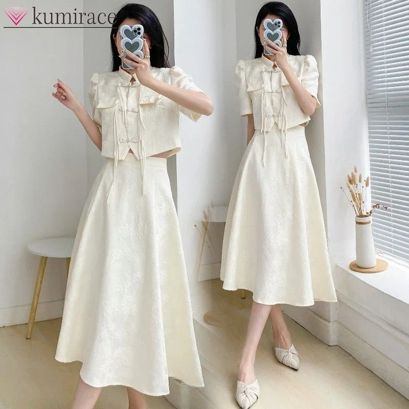 

New Chinese style short sleeved top and half skirt 2024 large women's summer new slim fit women's two-piece sets kirt sets