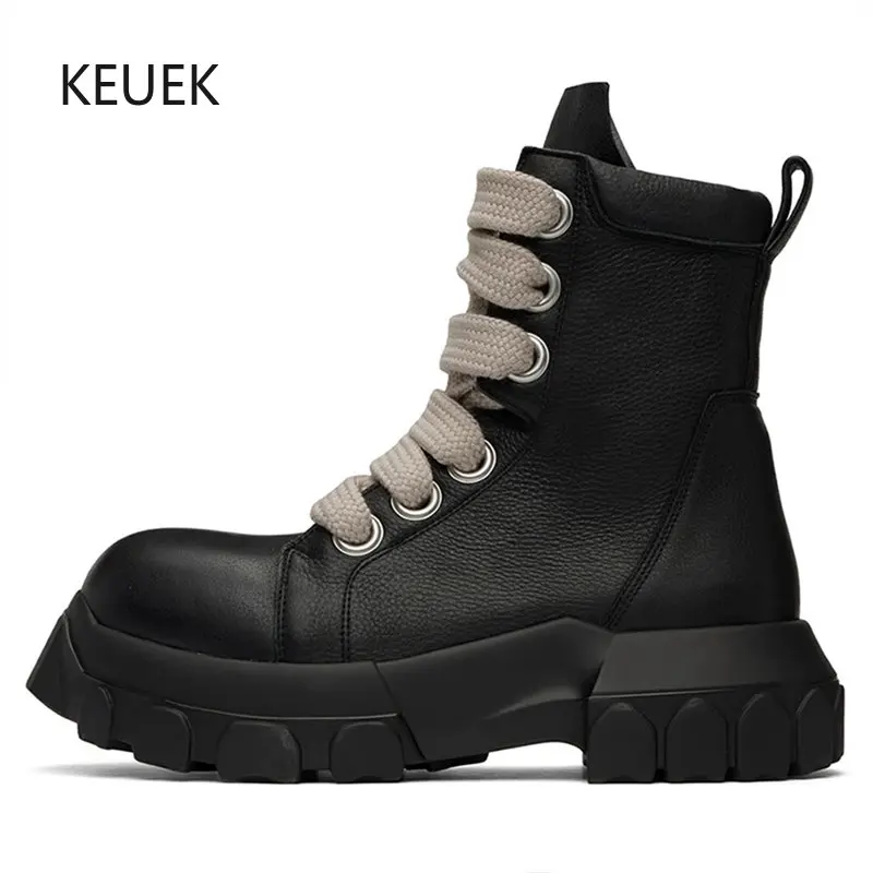 

Autumn Winter Lace-Up Mid-calf Ankle Plush Cotton Boots Men Shoes Thick-Sole Biker Boots Genuine Leather Short Work Shoes 2A