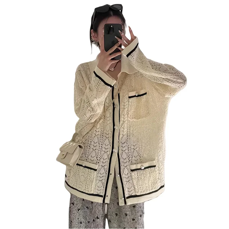 Spring Autumn Maternity Knit Jacket Long Sleeve Turn-down Collar Single-breasted Hollow Out Knitted Coat Pregnancy Loose Outwear