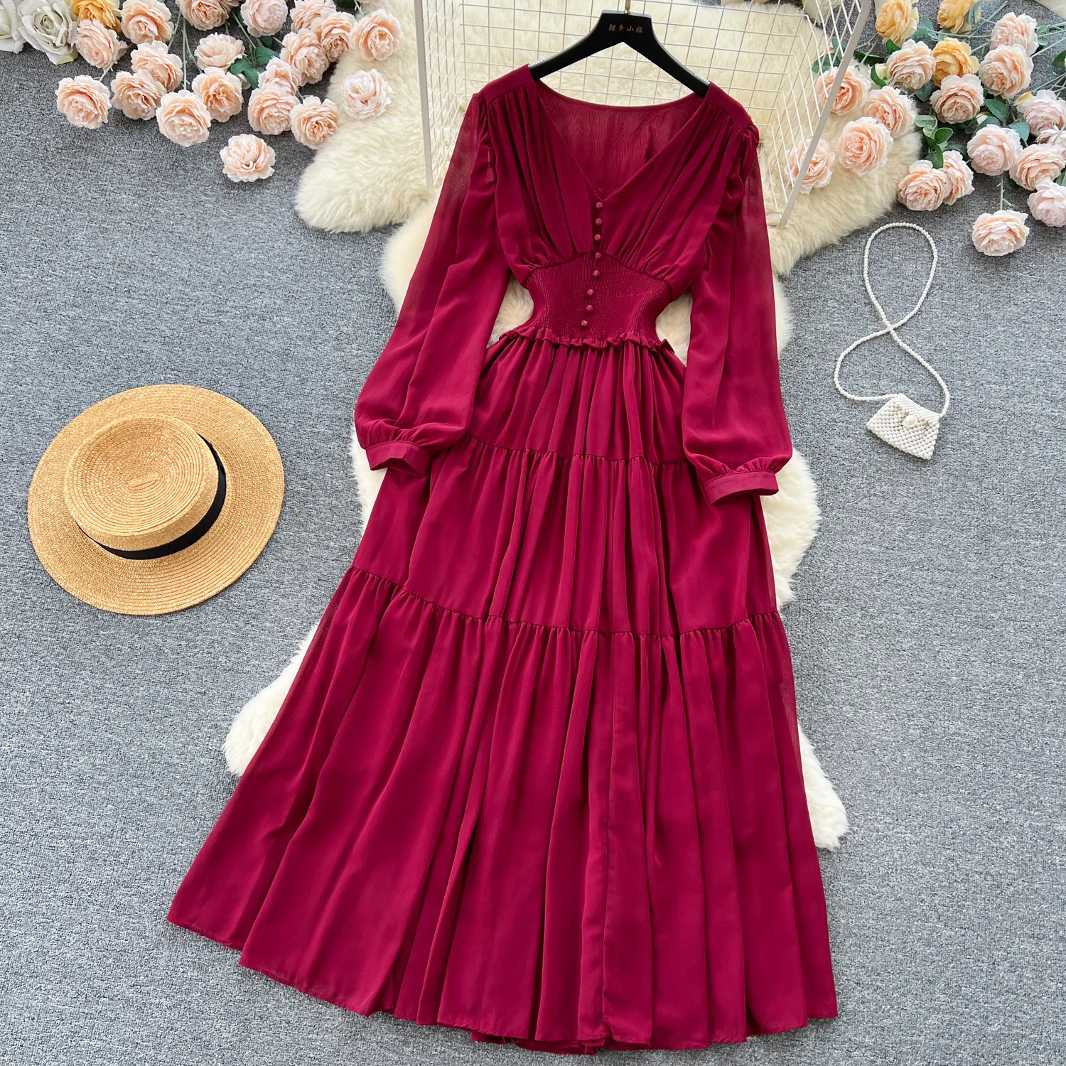 Vintage Chiffon Long Dress Women Elegant V-neck Long Sleeved Casual Dresses French Pleated Slim A-line Long Robe Vestidos
