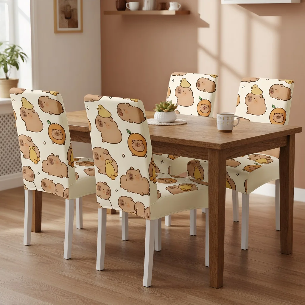 4/6pc Cartoon Style Printed Chair Cover Capybara Pattern Dining Chair Cover Stretch Spandex Washable Home Decoration