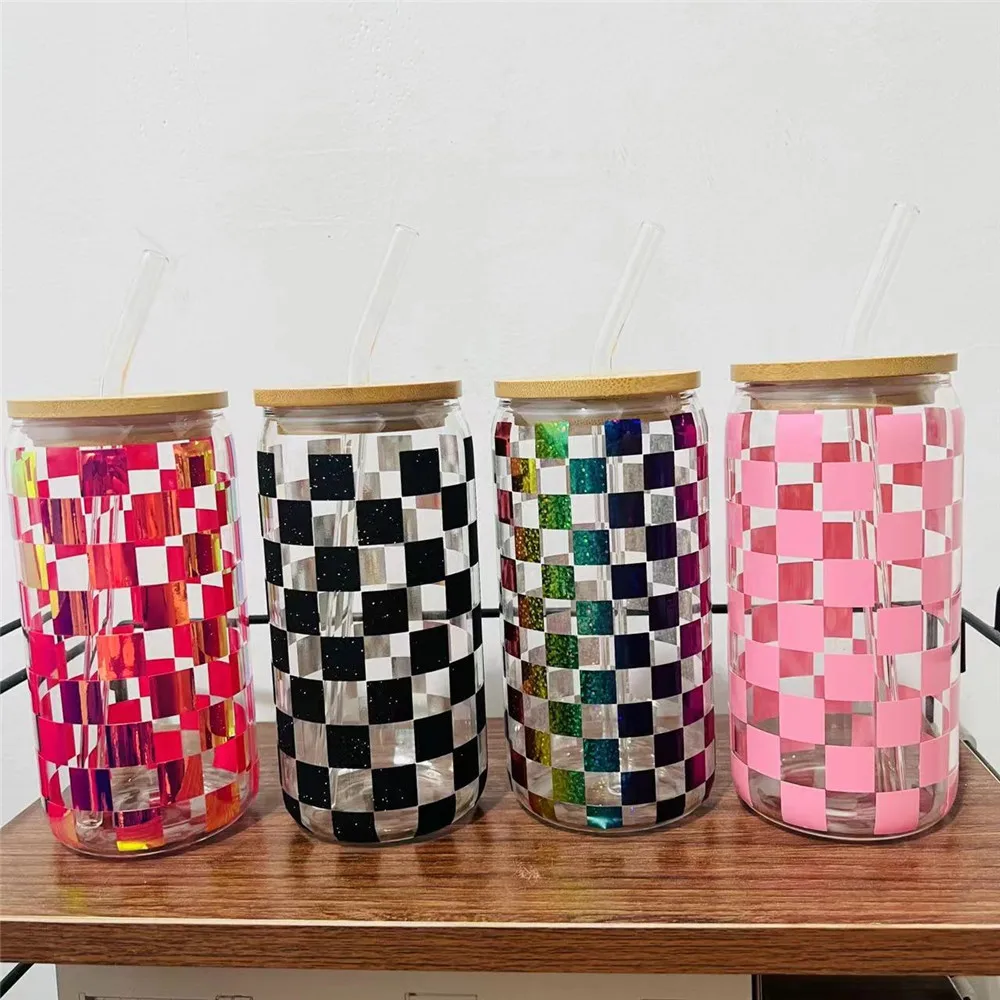 Square Beer can glasses With Bamboo Lid And Glass Straw Handmade Vinyl