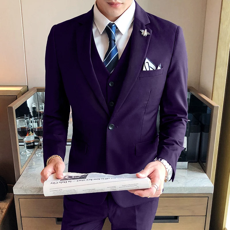 

High Quality (Blazer + Vest + Trousers) Men's British Style Elegant Simple Fashion Business Casual Wedding Suit Three-piece Suit