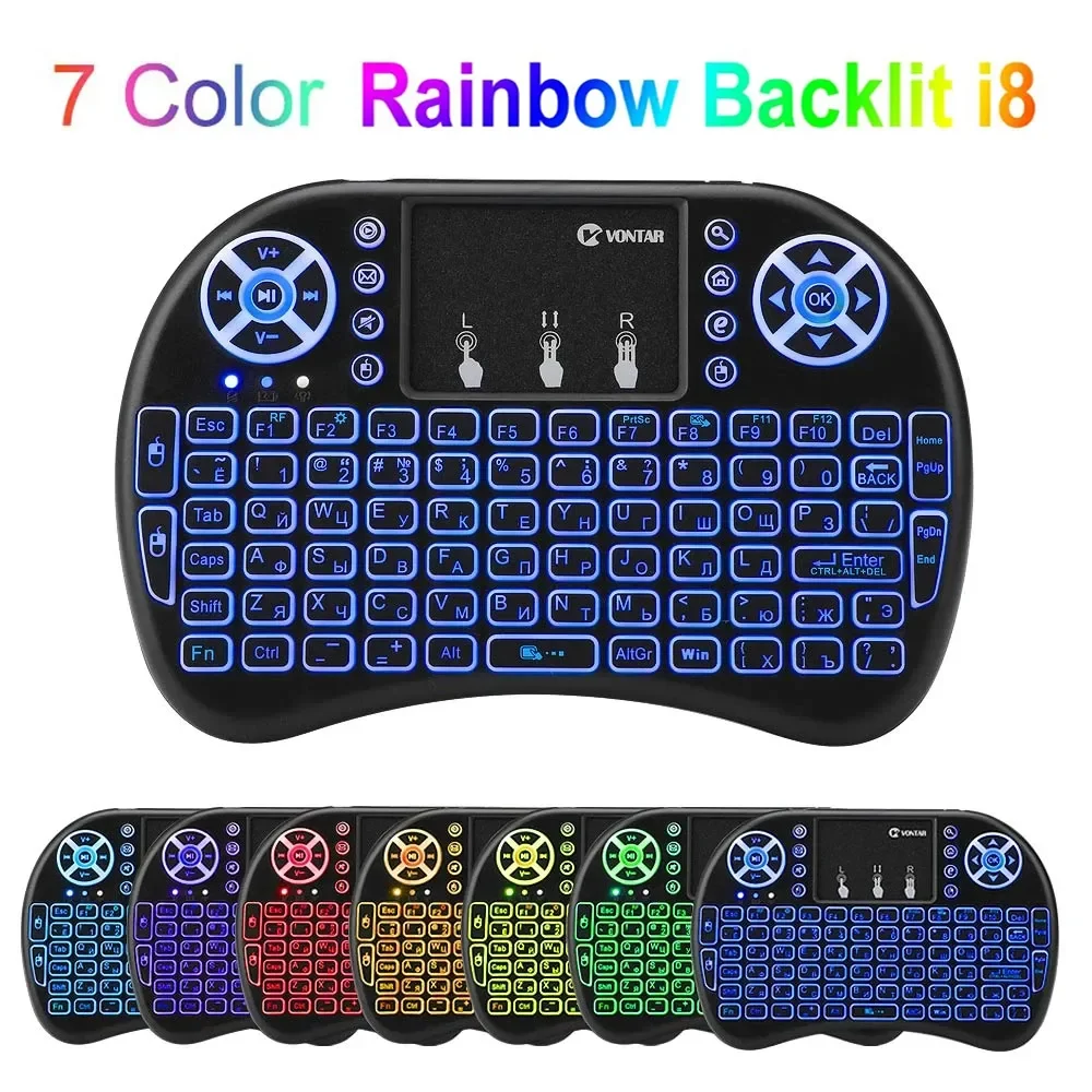 I8 Mini Tastiera Wireless 7 Colori Retroilluminata Inglese Russo 2.4G Air Mouse Con Touchpad Remoto Per Android Smart Tv Laptop Box Pc