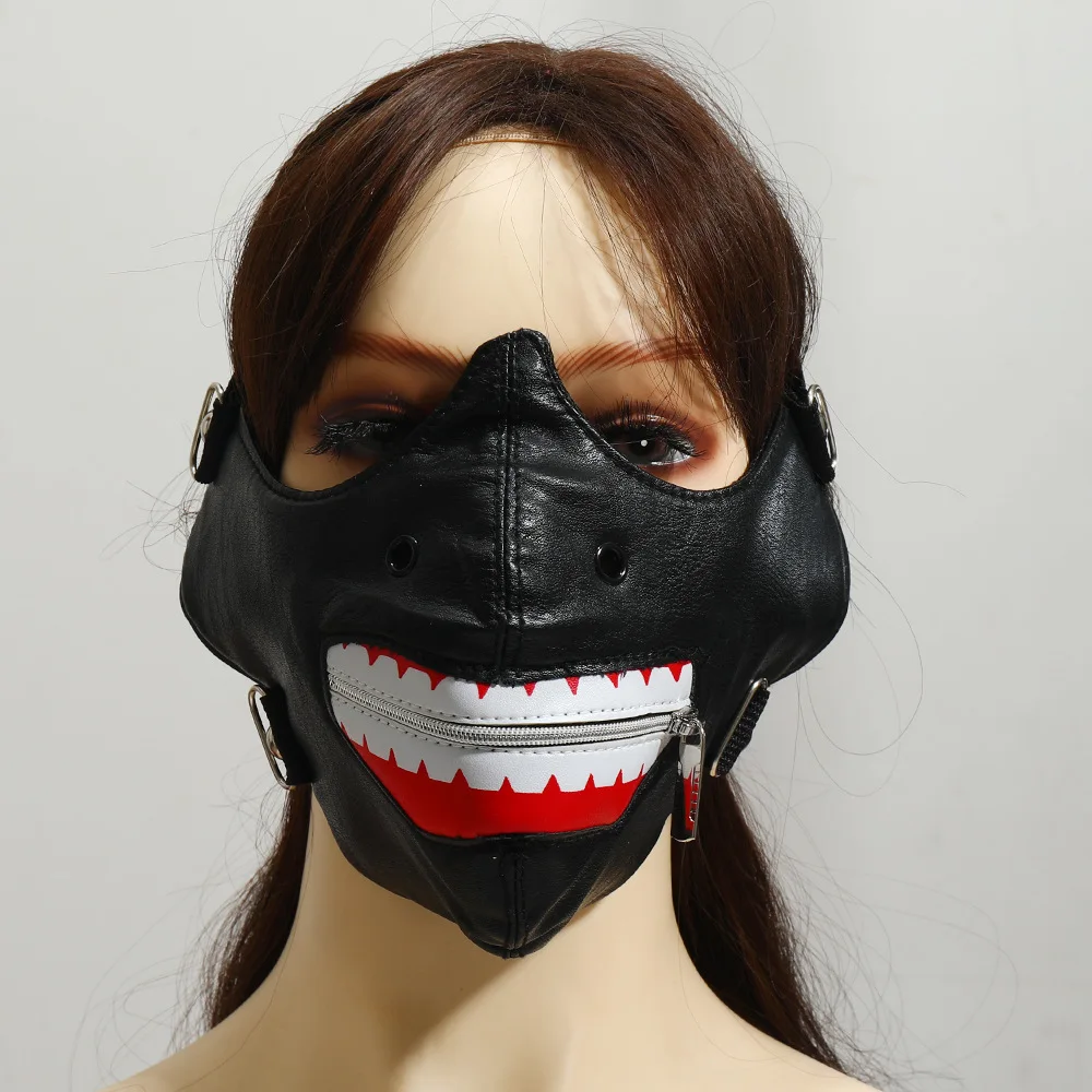 Men Women's Black PU Leather Zipper Rock Mask Lady's Breathable Party Cosplay Halloween Mouth-muffle R1567