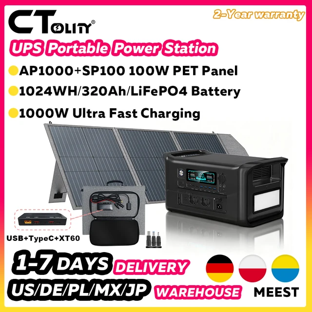 CTOLITY Générateur Solaire Portable 1800W avec Panneau Solaire 100W, Contrôleur PCB, USB, Type-C, XT60, Batterie LiFePO4 1024Wh, Station d'alimentation UPS, Alimentation de secours domestique 1