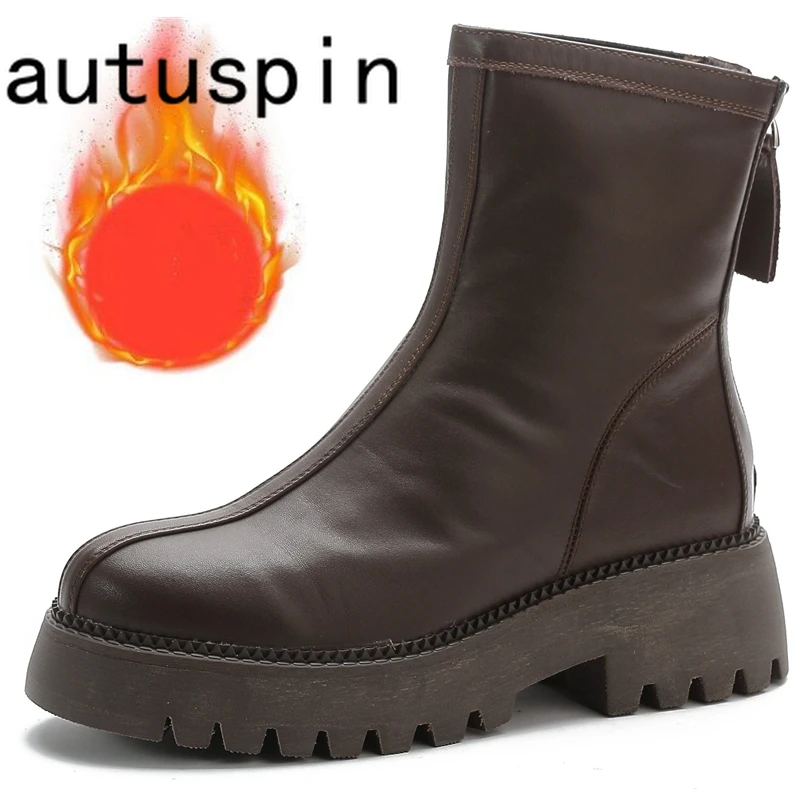 

AUTUSPIN Retro Basic Women Ankle Boots Outdoor Genuine Leather Platform Chunky Heels Pumps Ladies Concise Back Zipper Warm Shoes