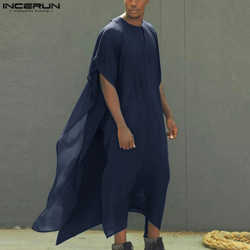 

INCERUN 2023 Muslim Style New Mens Long-style Kaftan Robe Casual Simple All-match Robe Male Solid Short Sleeve Jubba Thobe S-5XL