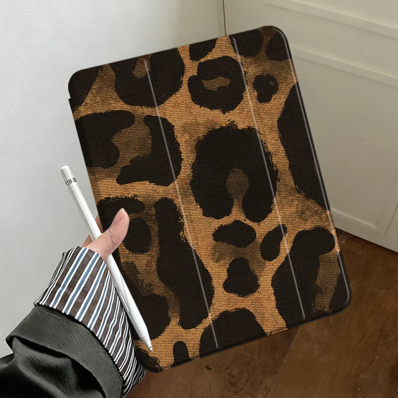 Denim Brown Leopard 360° Rotatable Tri-Fold Case with Pencil Slot and Auto Sleep/Wake Function