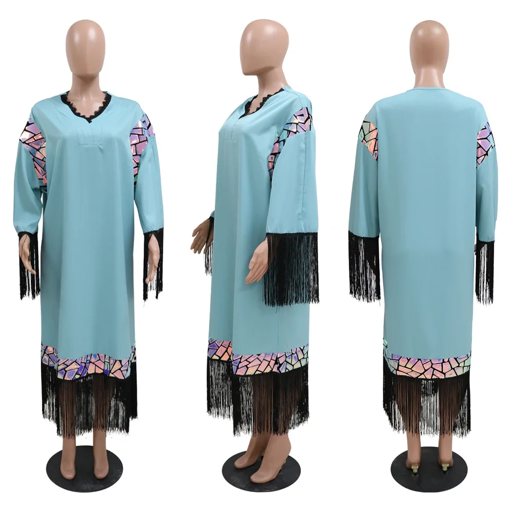 Dubai Abaya Kaftan Tassel Sequins Contrast Color Patchwork Flare Sleeve V-Neck Maxi Clothing Loose Arab Long Dresses