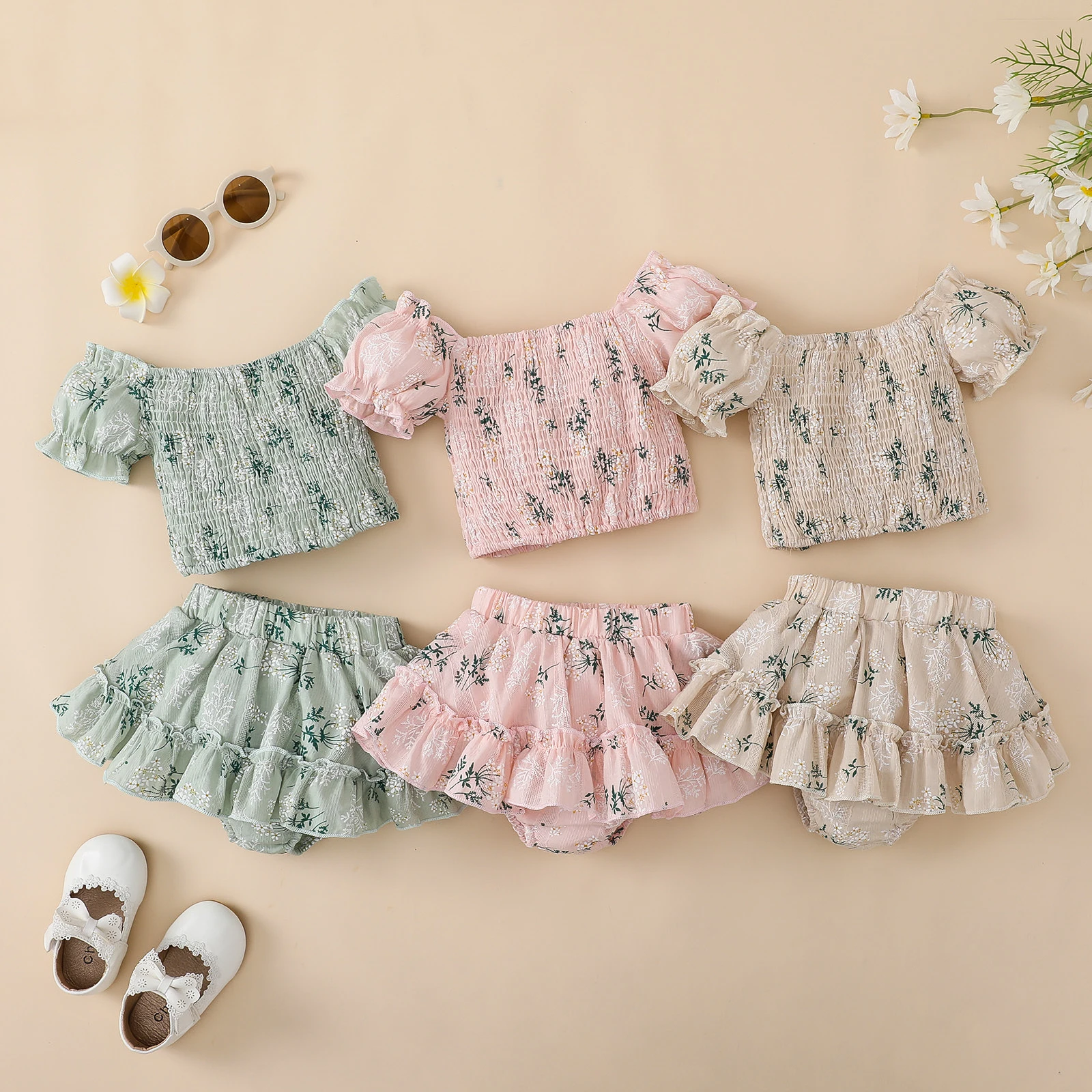 Kids Baby Girls Summer Clothes Outfits Floral Print Boat Neck Short