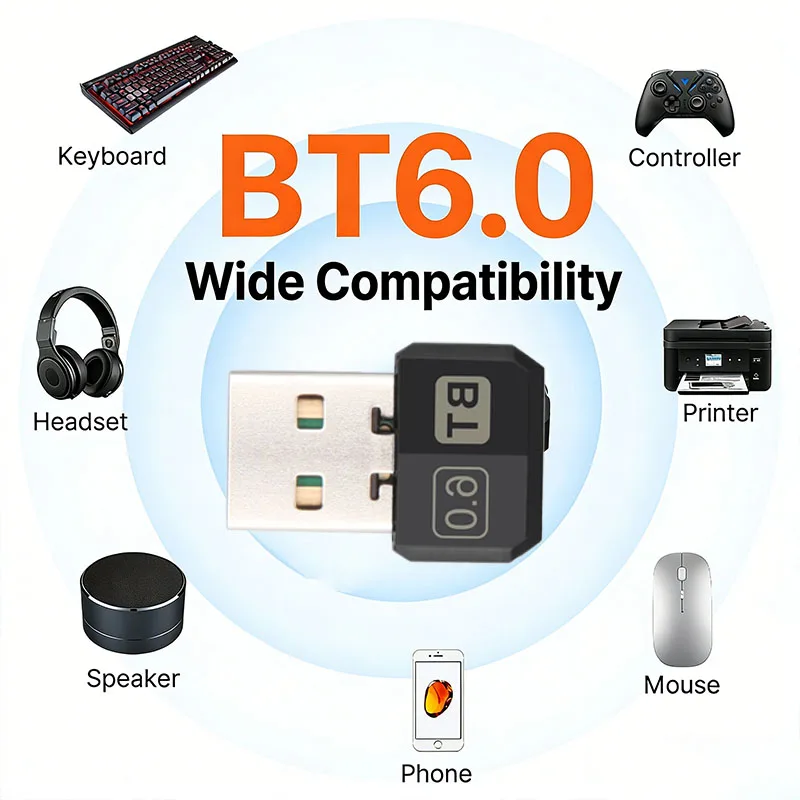 KEBIDUMEI 블루투스 6.0 어댑터 USB 5.4 동글 PC용 Win11/10/8.1 블루투스 수신기/키보드/마우스 스피커용 송신기