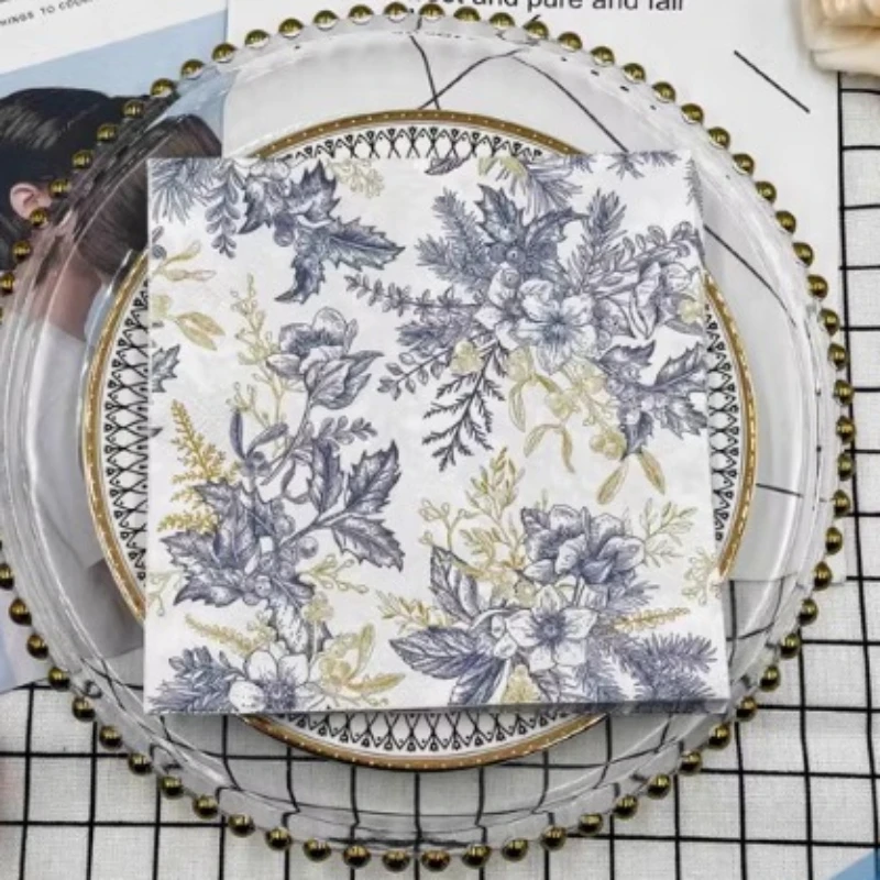 2-Ply gold bloom blue printed napkin placemat 10/20pcs/pac wedding party wine glass flower paper DIY butterfly bone bart paper