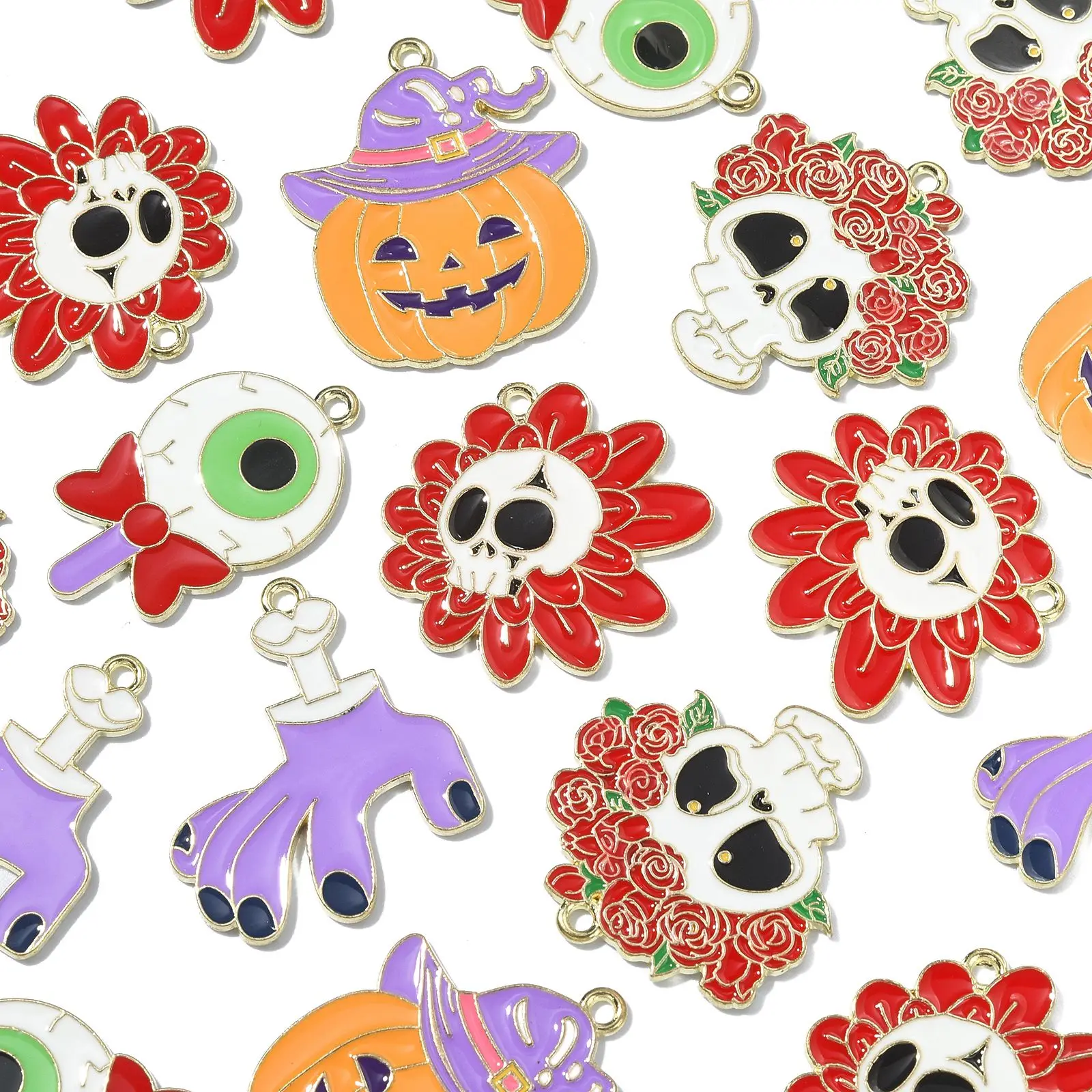 PandaHall 30Pcs 5 Styles Enamel Halloween Skull Charms Colorful Skull Pumpkin Charms Dangle Charms for Halloween Jewelry Making