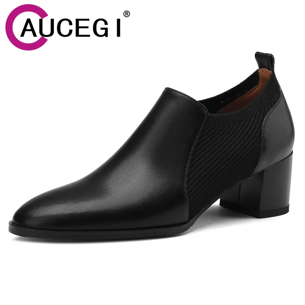 

Aucegi Classic Style Square Toe Women Pumps 2024 Spring Genuine Leather Patchwork Knitting Slip On Thick Heels Dancing Shoes